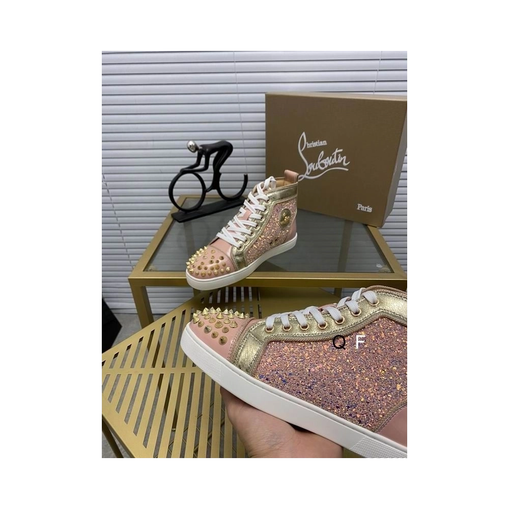 Replica Christian Louboutin Lou Spikes Donna Flat Sneakers Glittered and Patent Leather Pink Gold