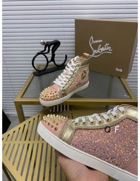 Replica Christian Louboutin Lou Spikes Donna Flat Sneakers Glittered and Patent Leather Pink Gold