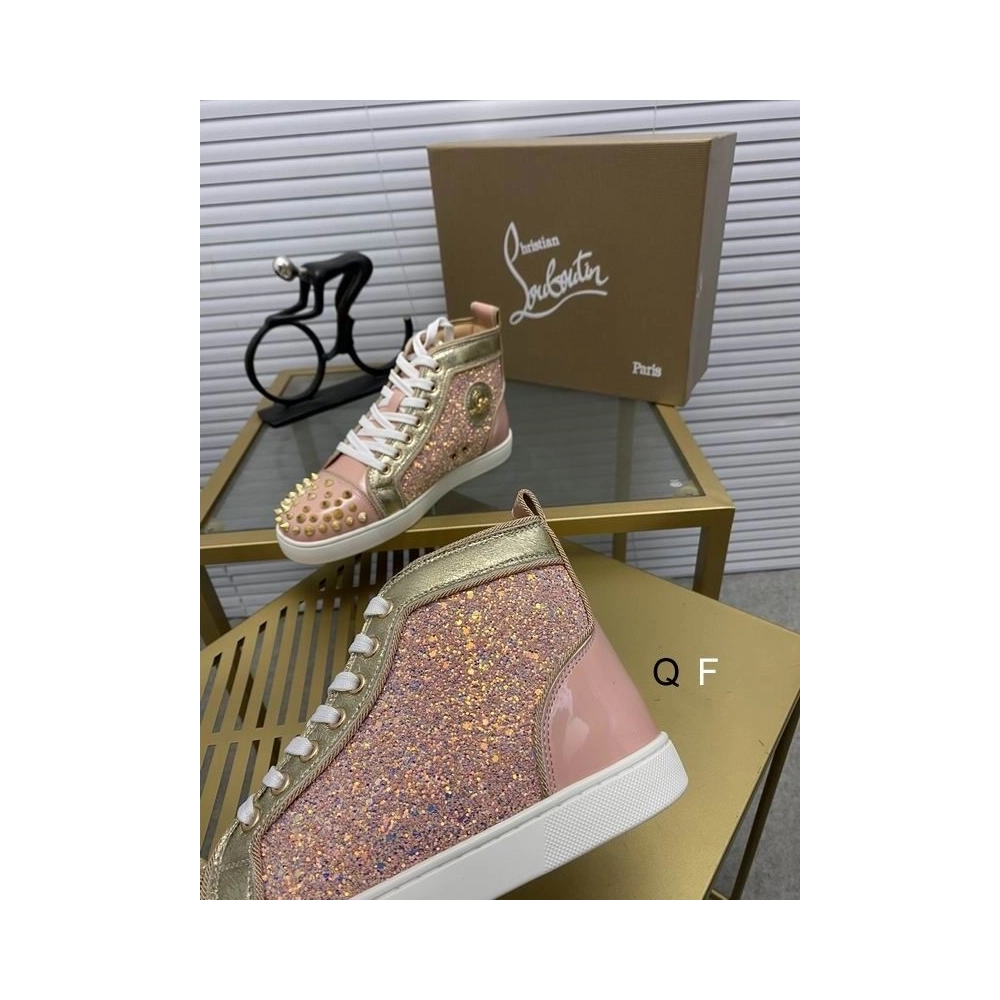 Replica Christian Louboutin Lou Spikes Donna Flat Sneakers Glittered and Patent Leather Pink Gold