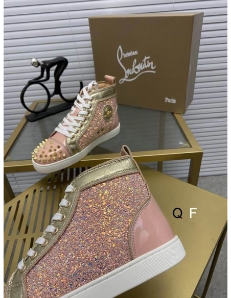 Replica Christian Louboutin Lou Spikes Donna Flat Sneakers Glittered and Patent Leather Pink Gold