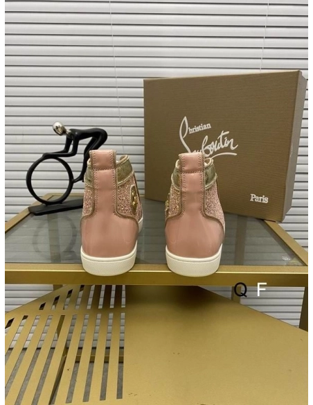 Replica Christian Louboutin Lou Spikes Donna Flat Sneakers Glittered and Patent Leather Pink Gold