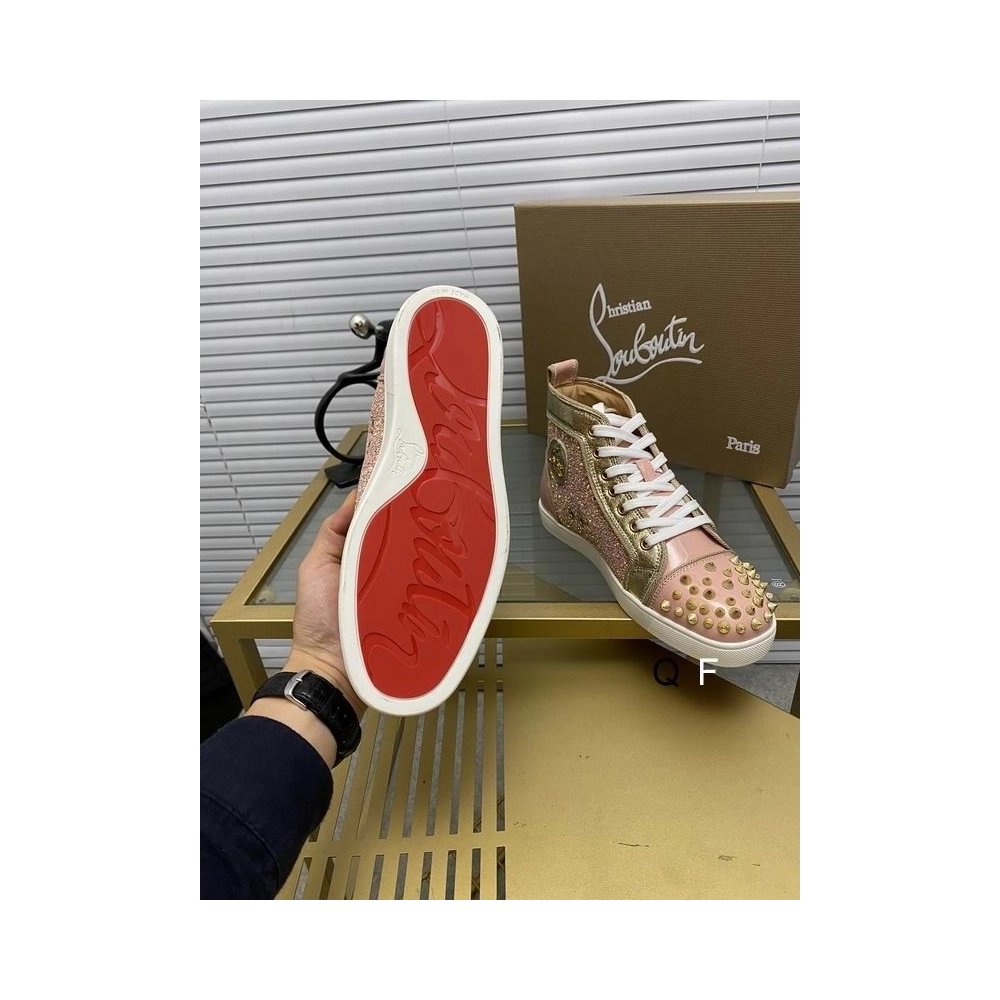 Replica Christian Louboutin Lou Spikes Donna Flat Sneakers Glittered and Patent Leather Pink Gold