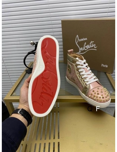 Replica Christian Louboutin Lou Spikes Donna Flat Sneakers Glittered and Patent Leather Pink Gold