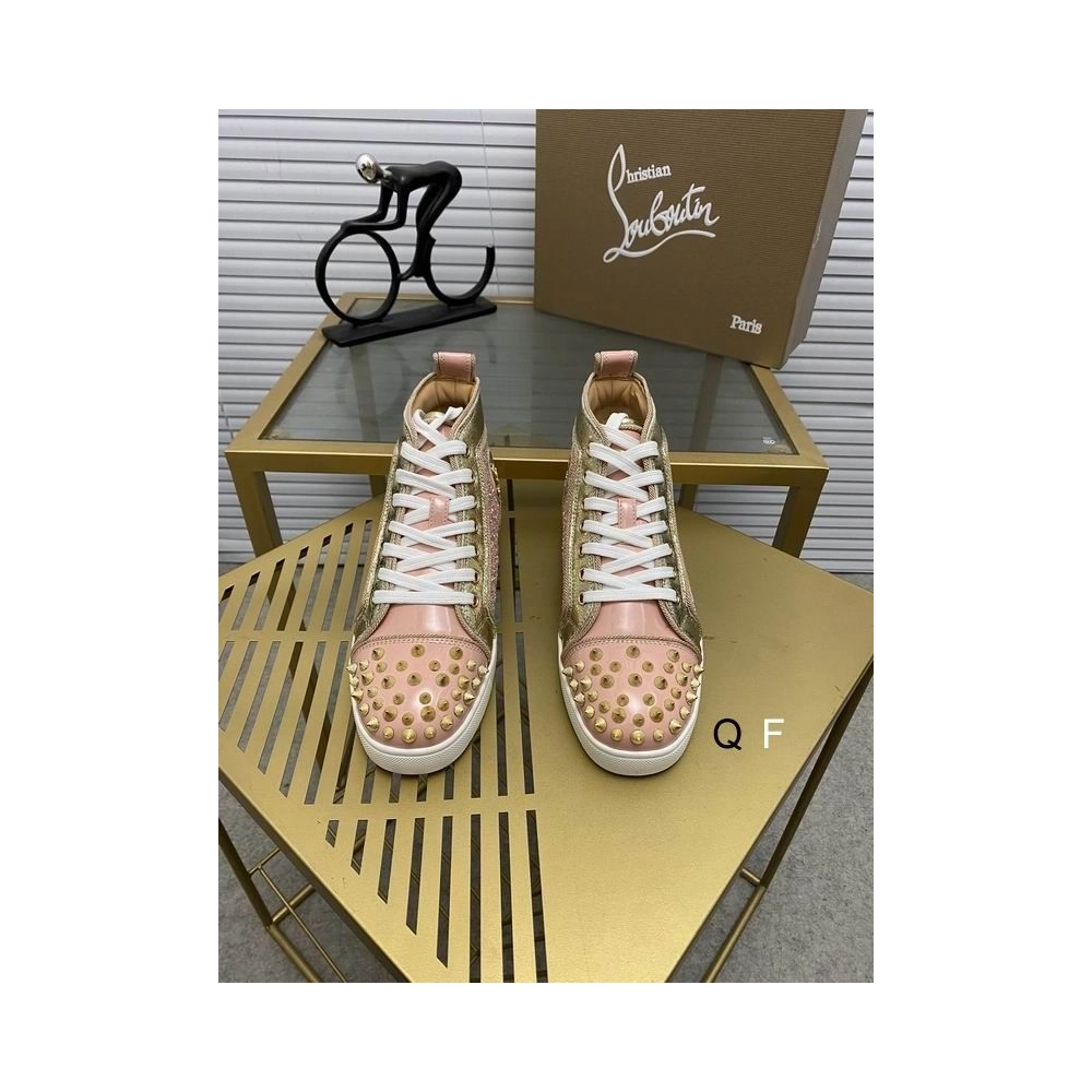 Replica Christian Louboutin Lou Spikes Donna Flat Sneakers Glittered and Patent Leather Pink Gold