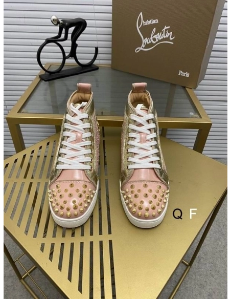Replica Christian Louboutin Lou Spikes Donna Flat Sneakers Glittered and Patent Leather Pink Gold
