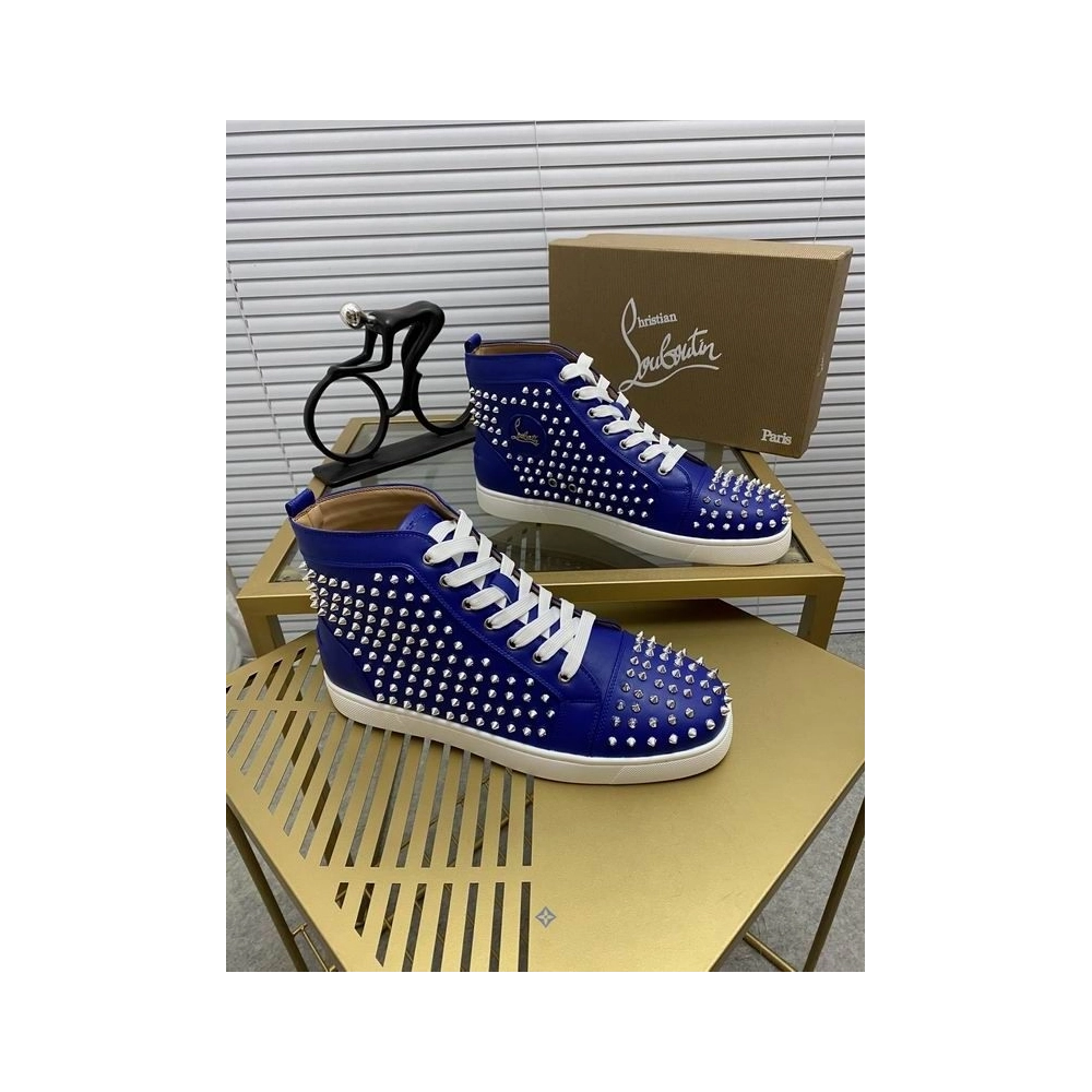 Knockoff Christian Louboutin Louis Spikes Flat High-top Sneakers Calfskin Blue