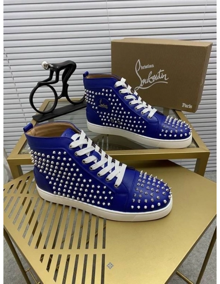 Knockoff Christian Louboutin Louis Spikes Flat High-top Sneakers Calfskin Blue