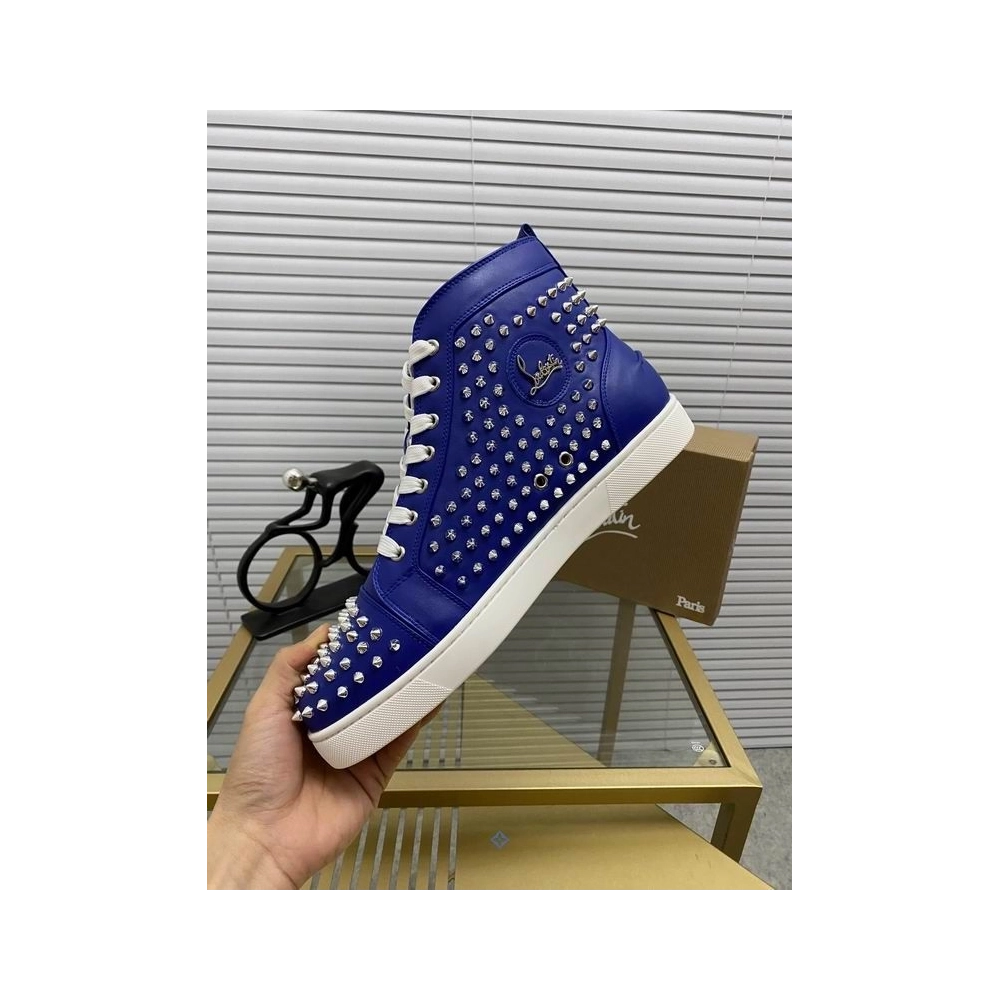 Knockoff Christian Louboutin Louis Spikes Flat High-top Sneakers Calfskin Blue