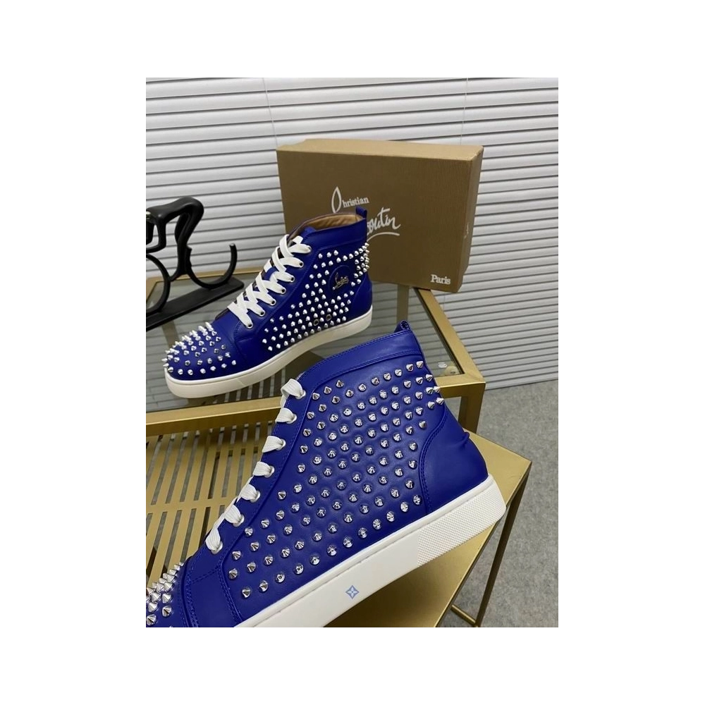 Knockoff Christian Louboutin Louis Spikes Flat High-top Sneakers Calfskin Blue