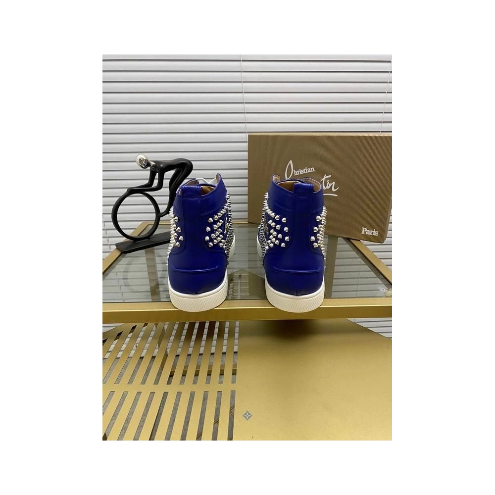 Knockoff Christian Louboutin Louis Spikes Flat High-top Sneakers Calfskin Blue