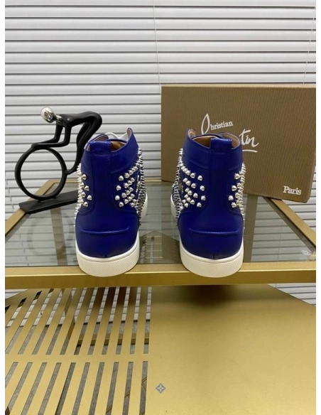 Knockoff Christian Louboutin Louis Spikes Flat High-top Sneakers Calfskin Blue