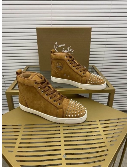 Cheap Christian Louboutin Lou Spikes Orlato High-top Sneakers Suede Leather Brown for Sale