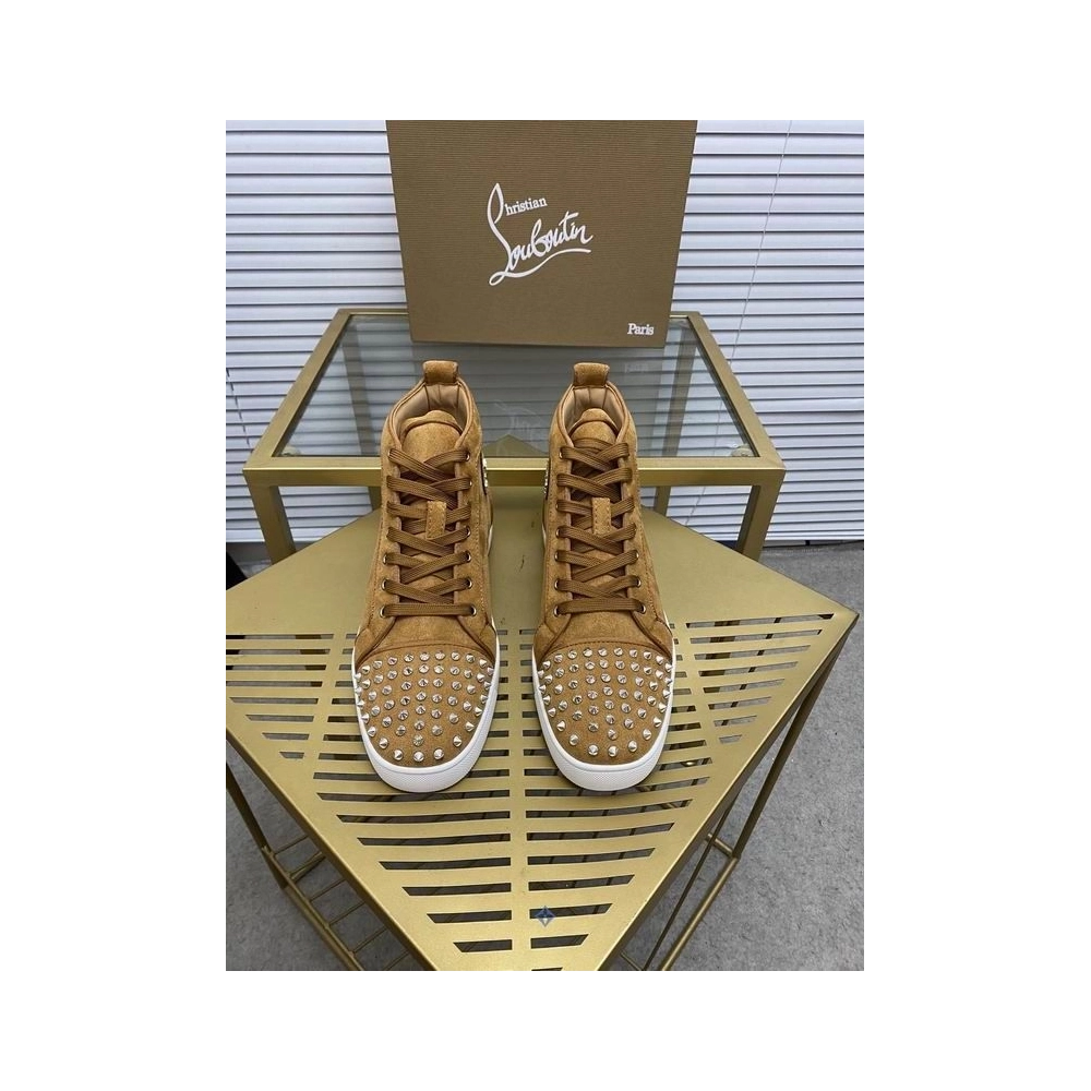 Cheap Christian Louboutin Lou Spikes Orlato High-top Sneakers Suede Leather Brown for Sale
