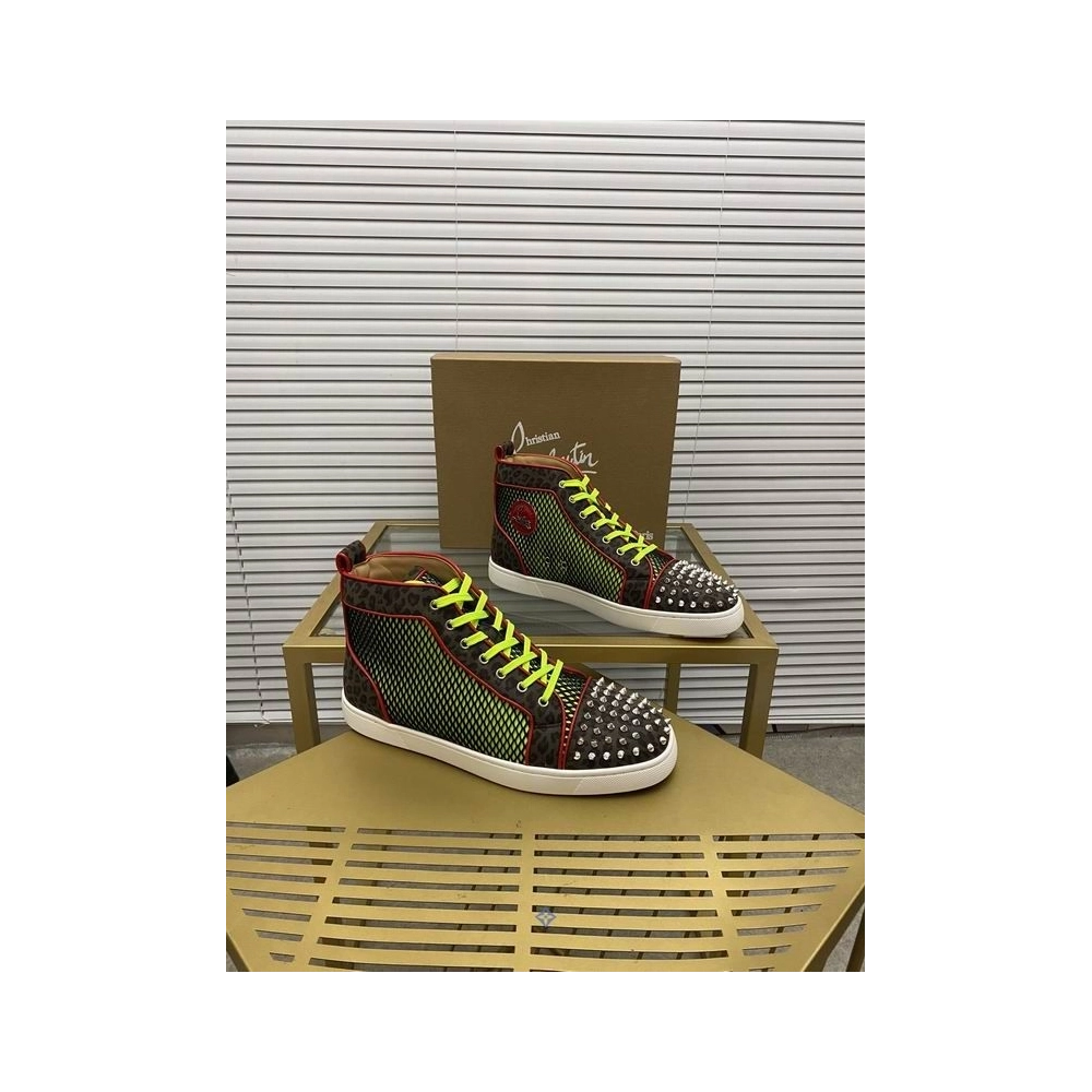 Fake Christian Louboutin Lou Spikes Orlato High-top Sneakers Patent Leather and Canvas Multicolor