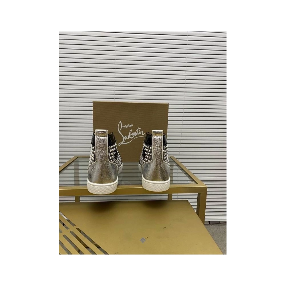 Cheap Christian Louboutin Louis Spikes High-top Sneakers Patent and Velvet Black Silver for Sale