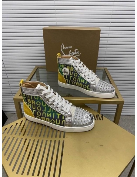 Discount Christian Louboutin Louis Spike High-top Sneakers Suede and Mesh-Trimmed Glittered Logo-Print Canvas