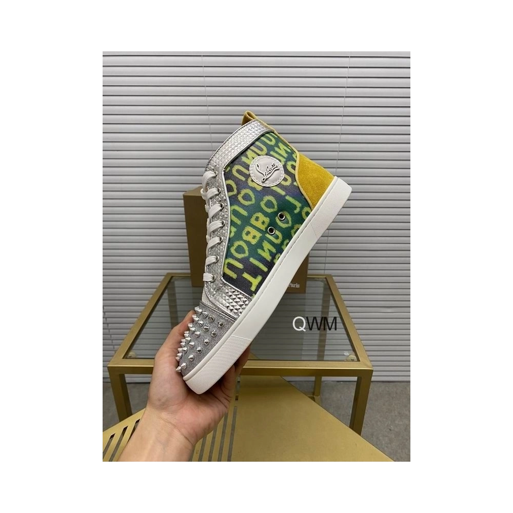 Discount Christian Louboutin Louis Spike High-top Sneakers Suede and Mesh-Trimmed Glittered Logo-Print Canvas