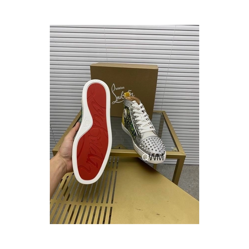 Discount Christian Louboutin Louis Spike High-top Sneakers Suede and Mesh-Trimmed Glittered Logo-Print Canvas