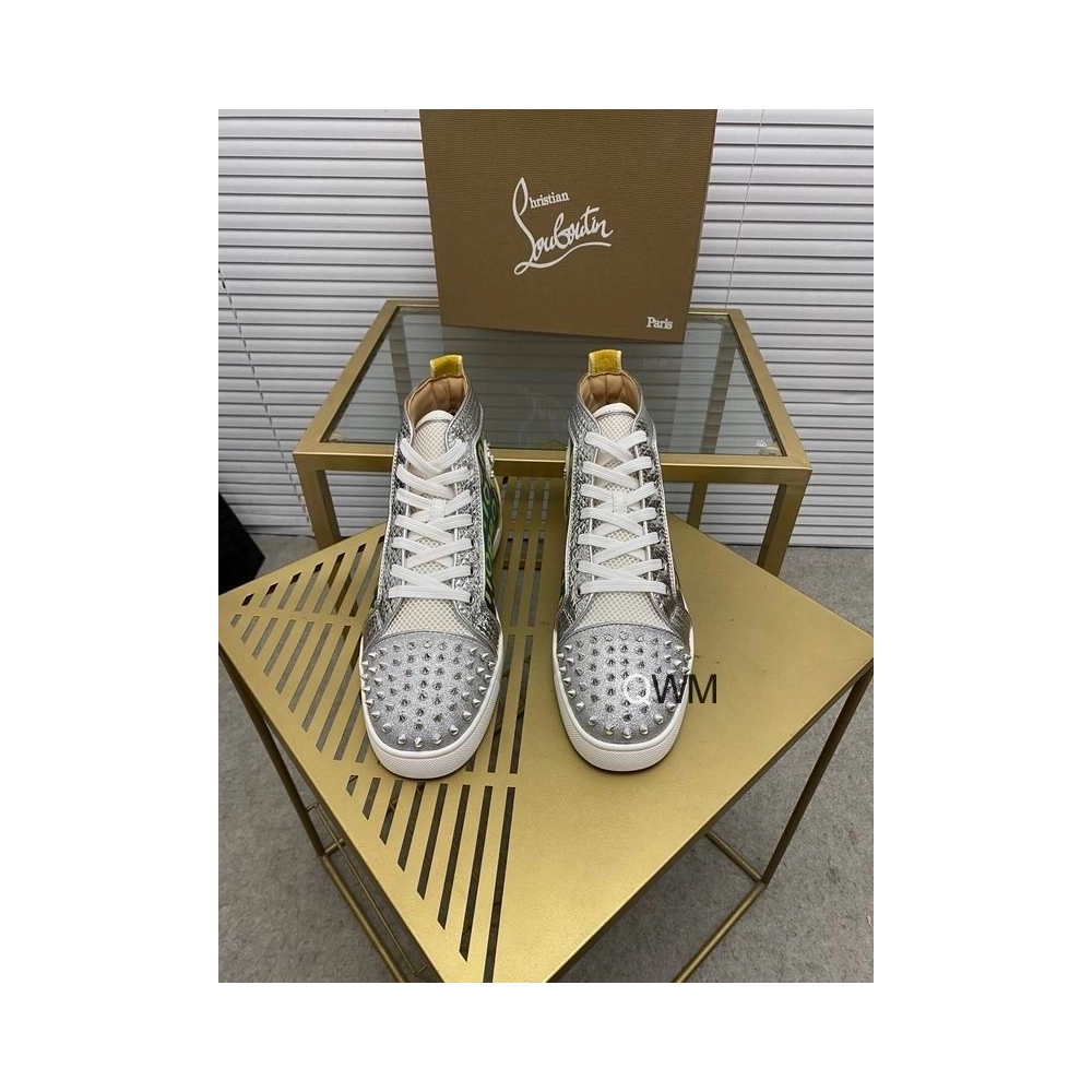 Discount Christian Louboutin Louis Spike High-top Sneakers Suede and Mesh-Trimmed Glittered Logo-Print Canvas