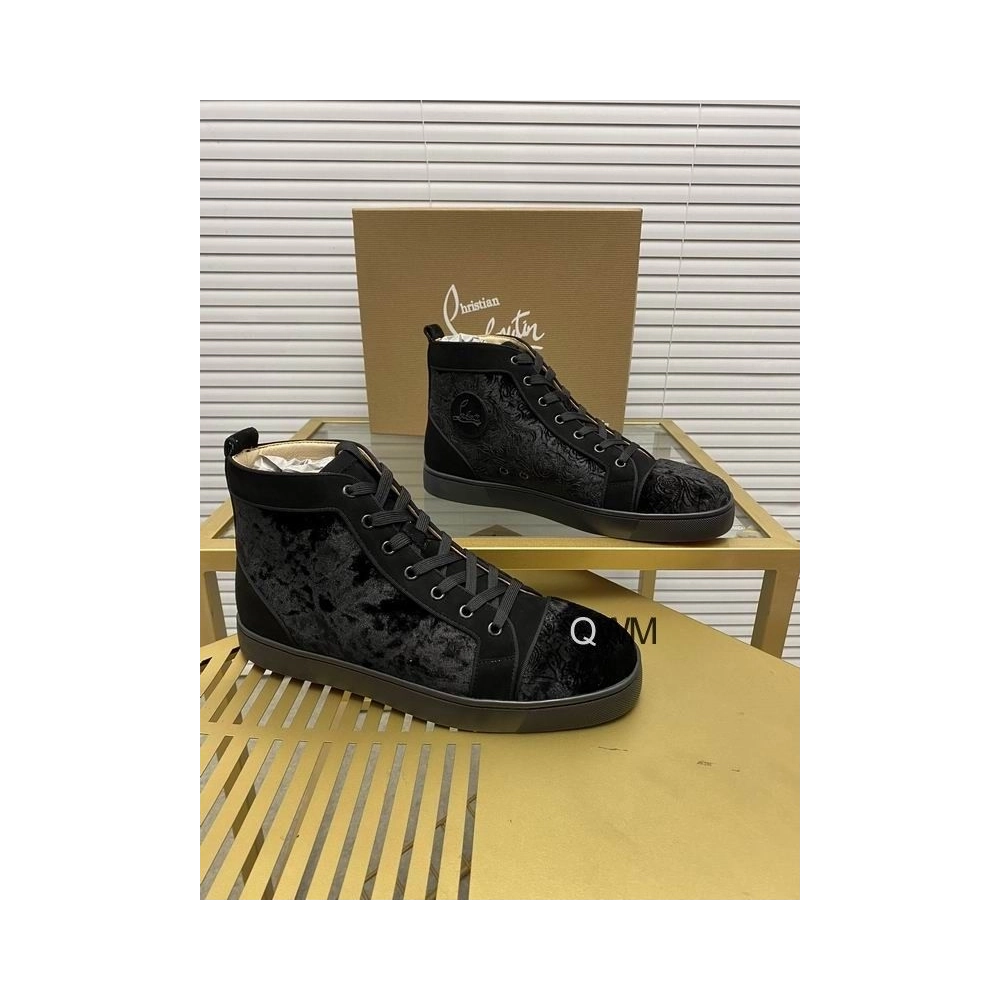 Cheap Christian Louboutin Louis Orlato High Top Sneakers Veau Velours Pattern Black on Sale
