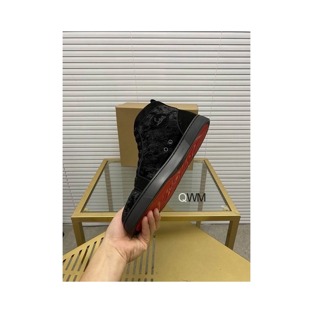 Cheap Christian Louboutin Louis Orlato High Top Sneakers Veau Velours Pattern Black on Sale
