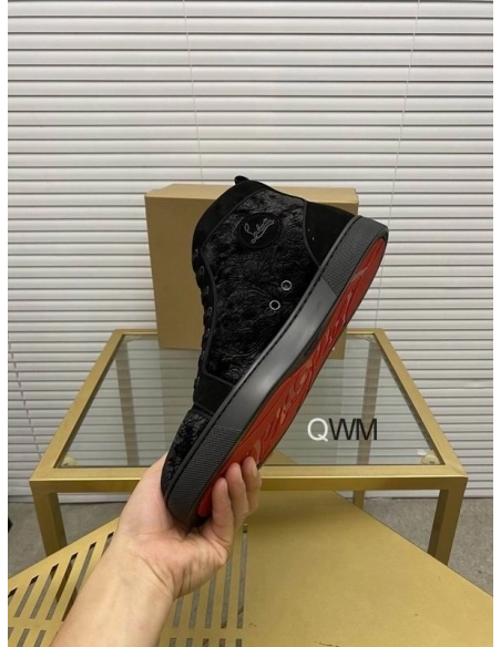 Cheap Christian Louboutin Louis Orlato High Top Sneakers Veau Velours Pattern Black on Sale