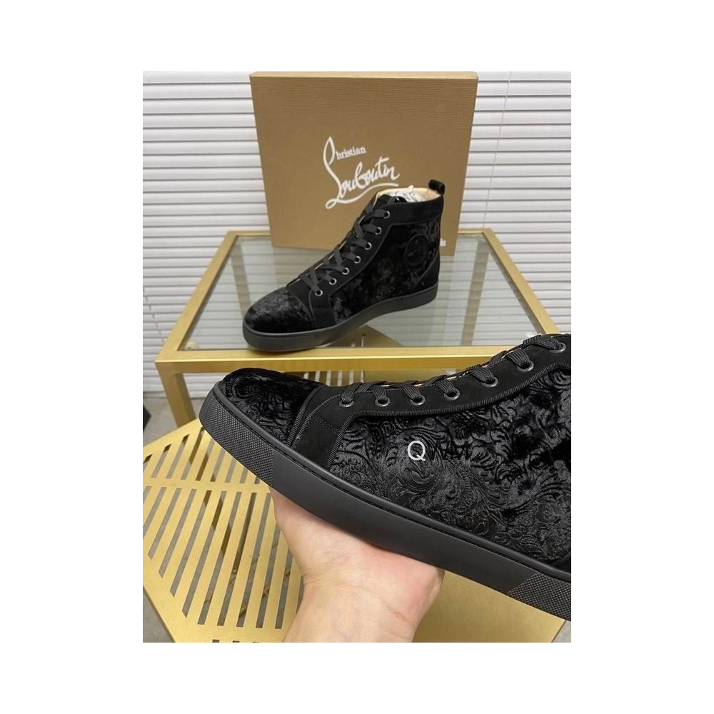 Cheap Christian Louboutin Louis Orlato High Top Sneakers Veau Velours Pattern Black on Sale
