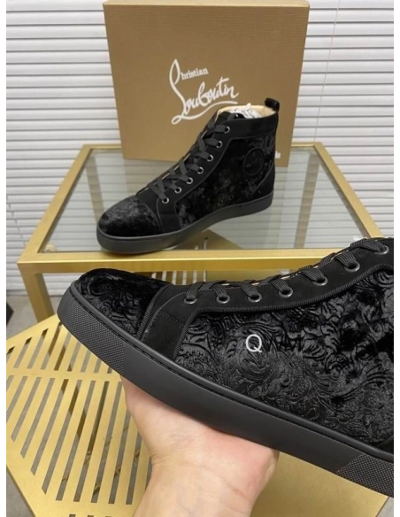 Cheap Christian Louboutin Louis Orlato High Top Sneakers Veau Velours Pattern Black on Sale