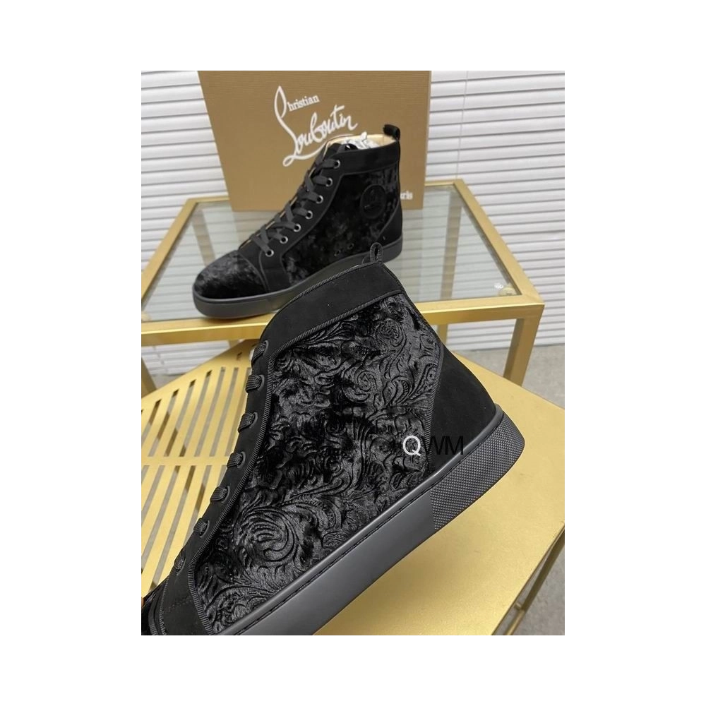 Cheap Christian Louboutin Louis Orlato High Top Sneakers Veau Velours Pattern Black on Sale