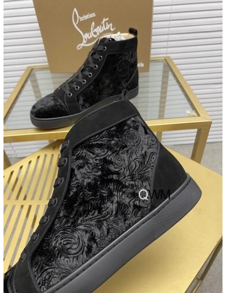Cheap Christian Louboutin Louis Orlato High Top Sneakers Veau Velours Pattern Black on Sale