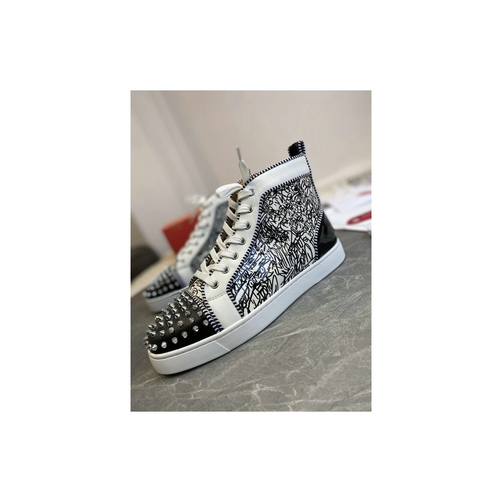 Fake Christian Louboutin Louis Orlato Spike Sneakers Patent And Leather Black White