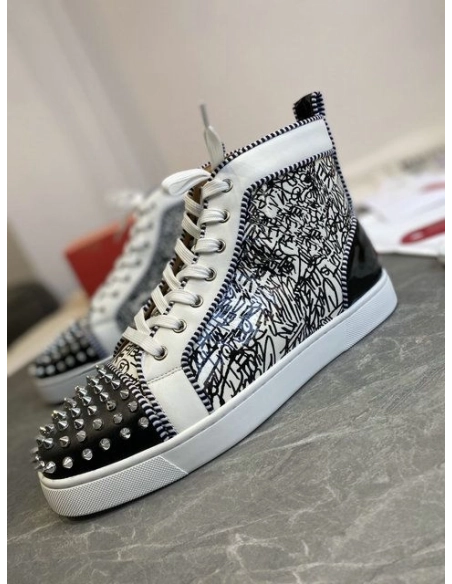Fake Christian Louboutin Louis Orlato Spike Sneakers Patent And Leather Black White