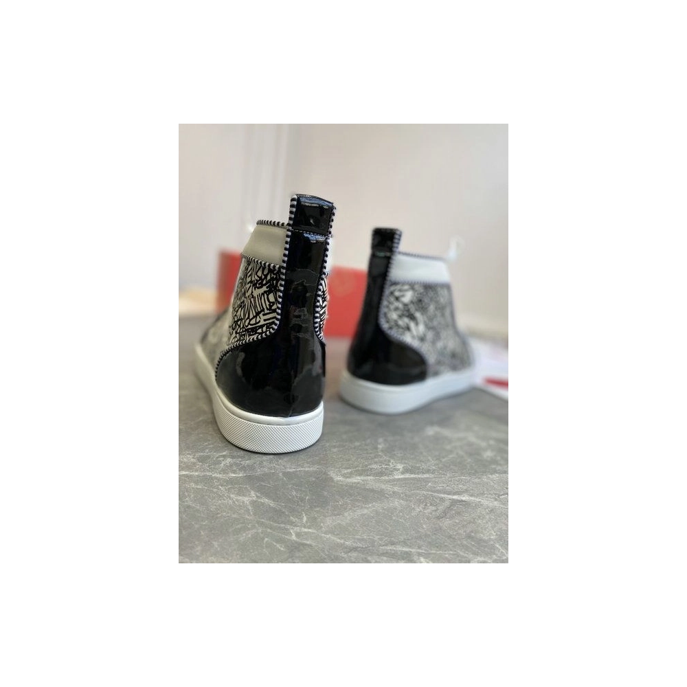 Fake Christian Louboutin Louis Orlato Spike Sneakers Patent And Leather Black White