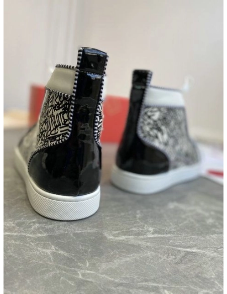 Fake Christian Louboutin Louis Orlato Spike Sneakers Patent And Leather Black White