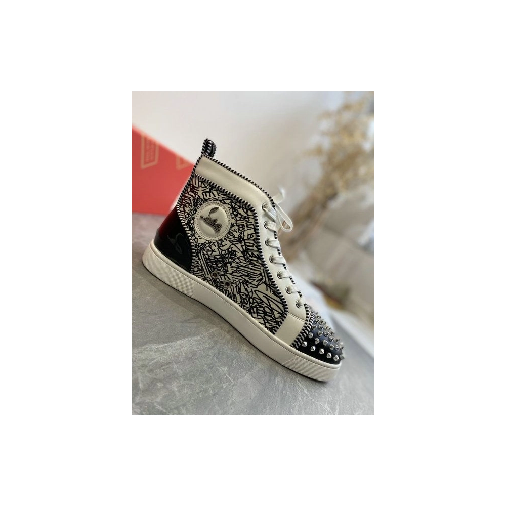 Fake Christian Louboutin Louis Orlato Spike Sneakers Patent And Leather Black White
