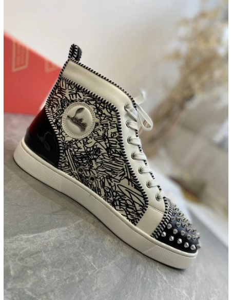 Fake Christian Louboutin Louis Orlato Spike Sneakers Patent And Leather Black White