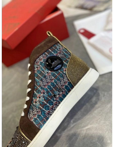 Replica Christian Louboutin Louis Flat High-top Sneakers Canvas and Suede Spikes Version Multi