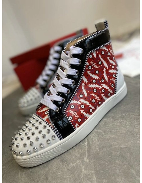 Fake Christian Louboutin Lou Spikes Orlato Flat High-top Sneakers Leather Multicolor