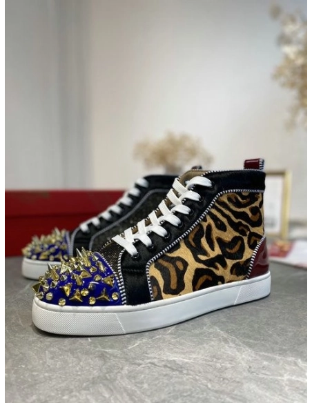 Knockoff Christian Louboutin Louis Pik Pik Spikes High-top Sneakers Veau Velours and Patent Leather Multicolor
