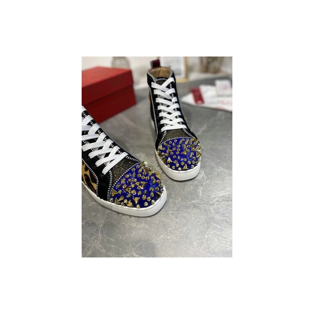 Knockoff Christian Louboutin Louis Pik Pik Spikes High-top Sneakers Veau Velours and Patent Leather Multicolor