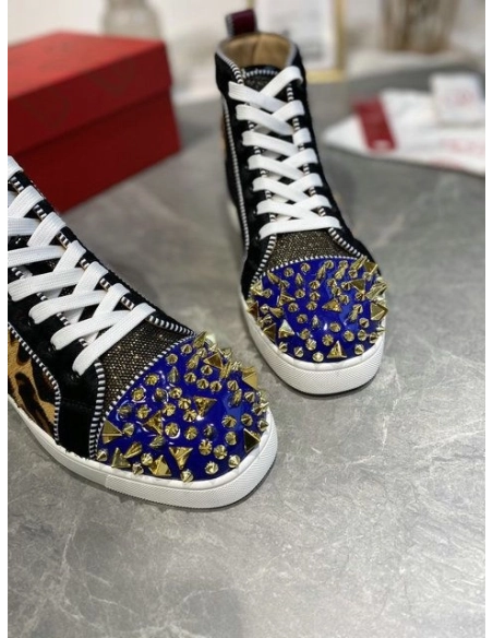 Knockoff Christian Louboutin Louis Pik Pik Spikes High-top Sneakers Veau Velours and Patent Leather Multicolor