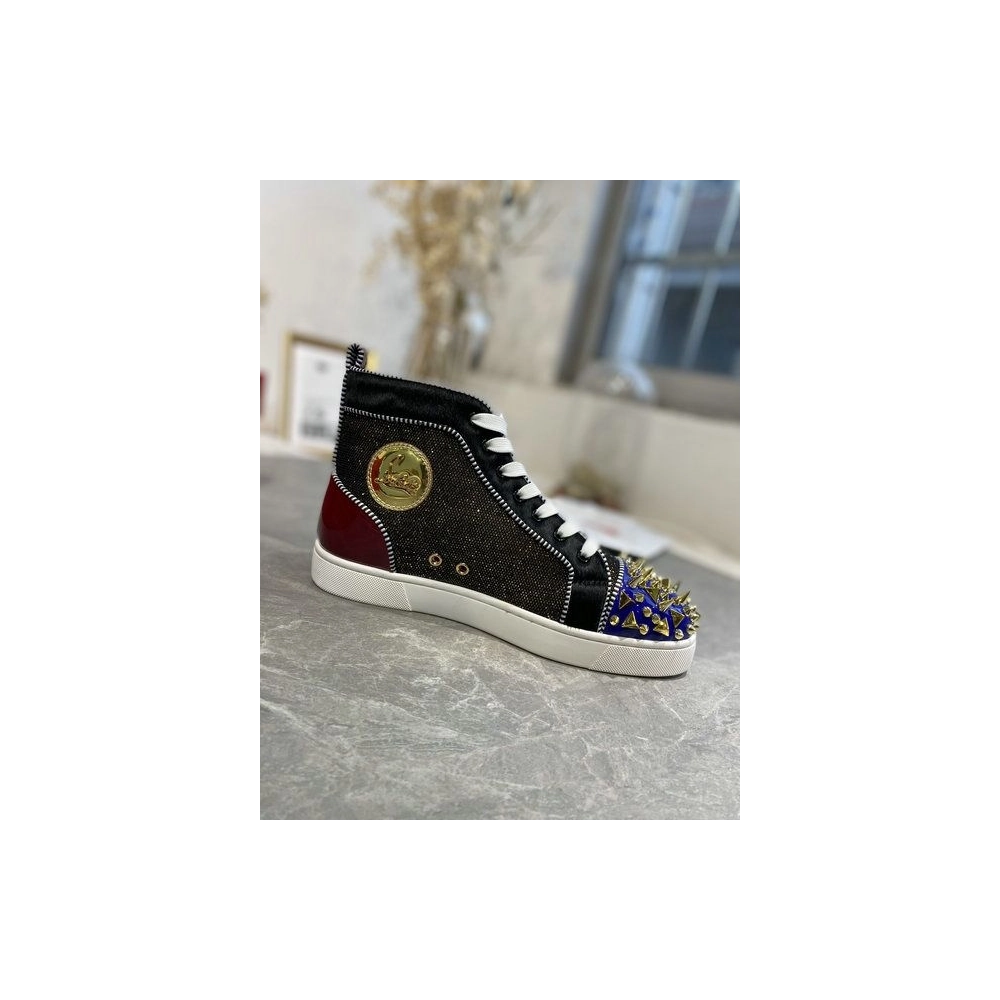 Knockoff Christian Louboutin Louis Pik Pik Spikes High-top Sneakers Veau Velours and Patent Leather Multicolor