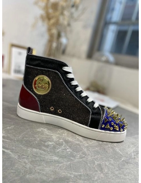 Knockoff Christian Louboutin Louis Pik Pik Spikes High-top Sneakers Veau Velours and Patent Leather Multicolor