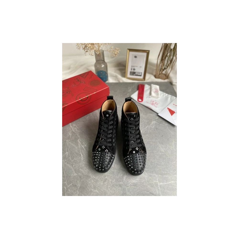Cheap Christian Louboutin Louis Orlato Spikes High-top Sneakers Suede Black Silver Sale Online
