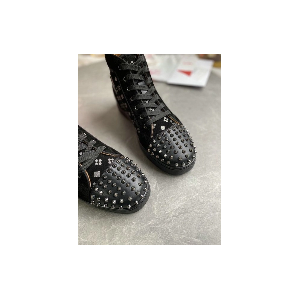 Cheap Christian Louboutin Louis Orlato Spikes High-top Sneakers Suede Black Silver Sale Online