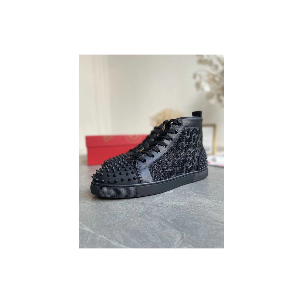 Discount Christian Louboutin Lou Spikes 2 High Top Sneakers Calf Leather Monogram-jacquard Black Outlet