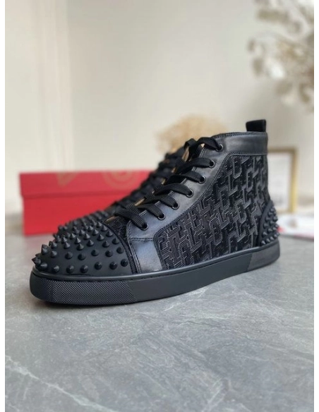 Discount Christian Louboutin Lou Spikes 2 High Top Sneakers Calf Leather Monogram-jacquard Black Outlet