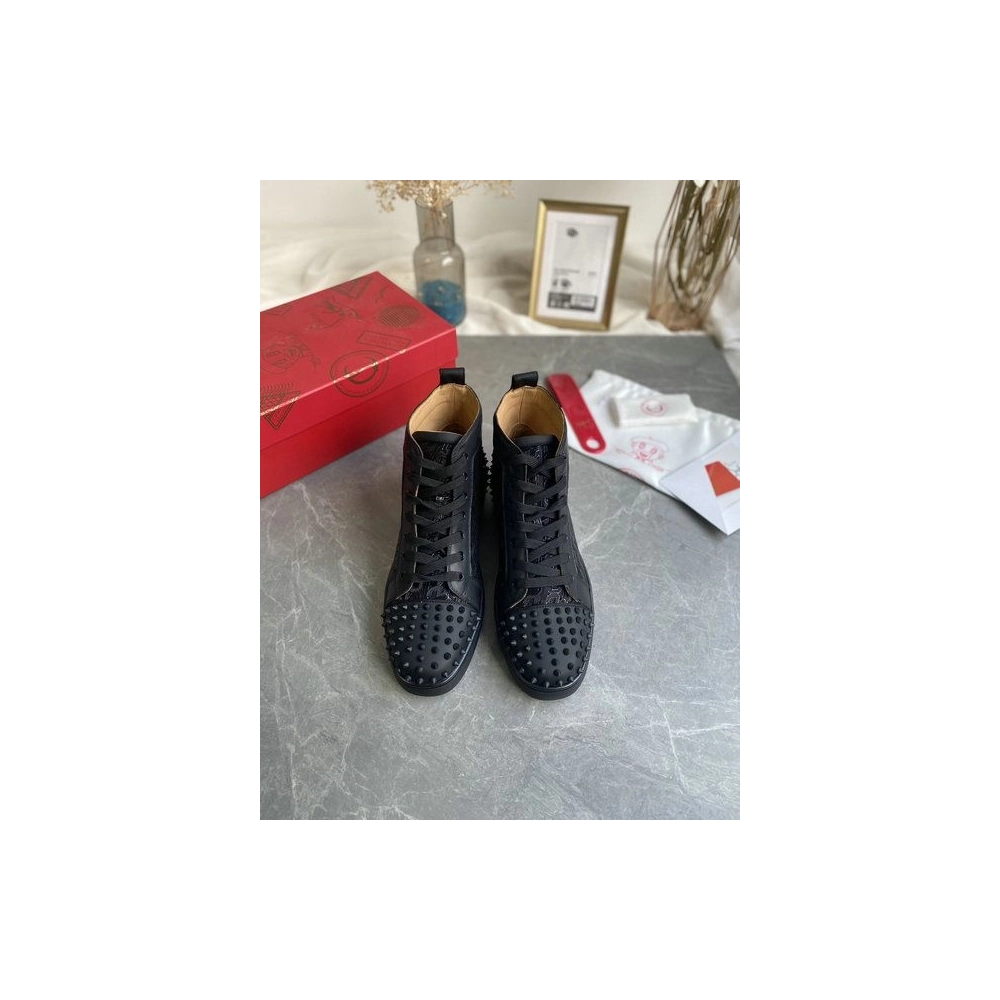 Discount Christian Louboutin Lou Spikes 2 High Top Sneakers Calf Leather Monogram-jacquard Black Outlet