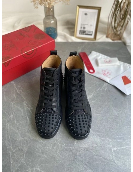 Discount Christian Louboutin Lou Spikes 2 High Top Sneakers Calf Leather Monogram-jacquard Black Outlet