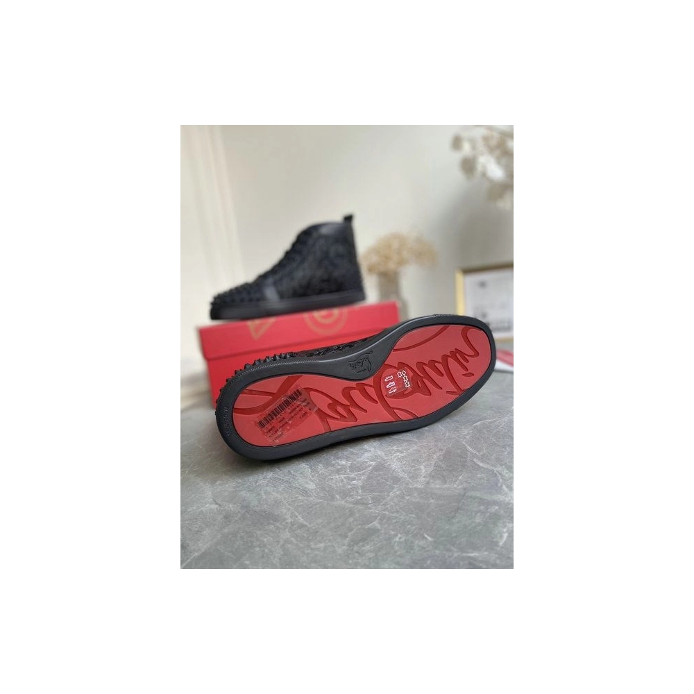 Discount Christian Louboutin Lou Spikes 2 High Top Sneakers Calf Leather Monogram-jacquard Black Outlet